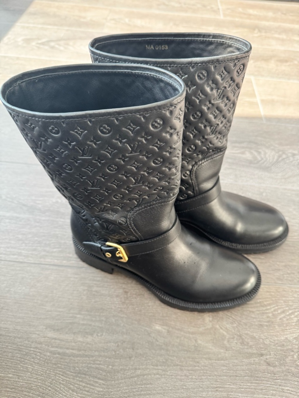 Louis Vuitton Black Leather Monogram Mid-Calf Boots with Gold Buckle